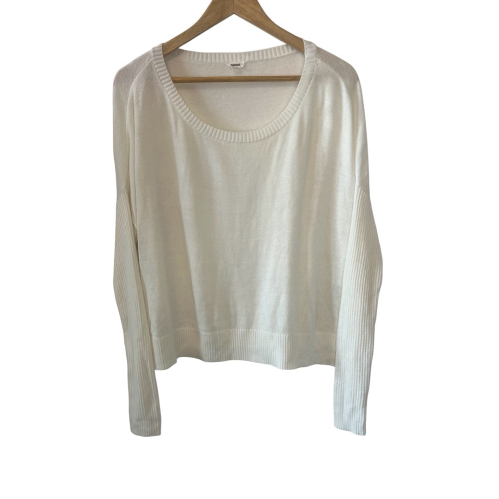 GARAGE Cream Lightweight Knit Ribbed Sleeve Short Pullover Scoop Neck Sweater M